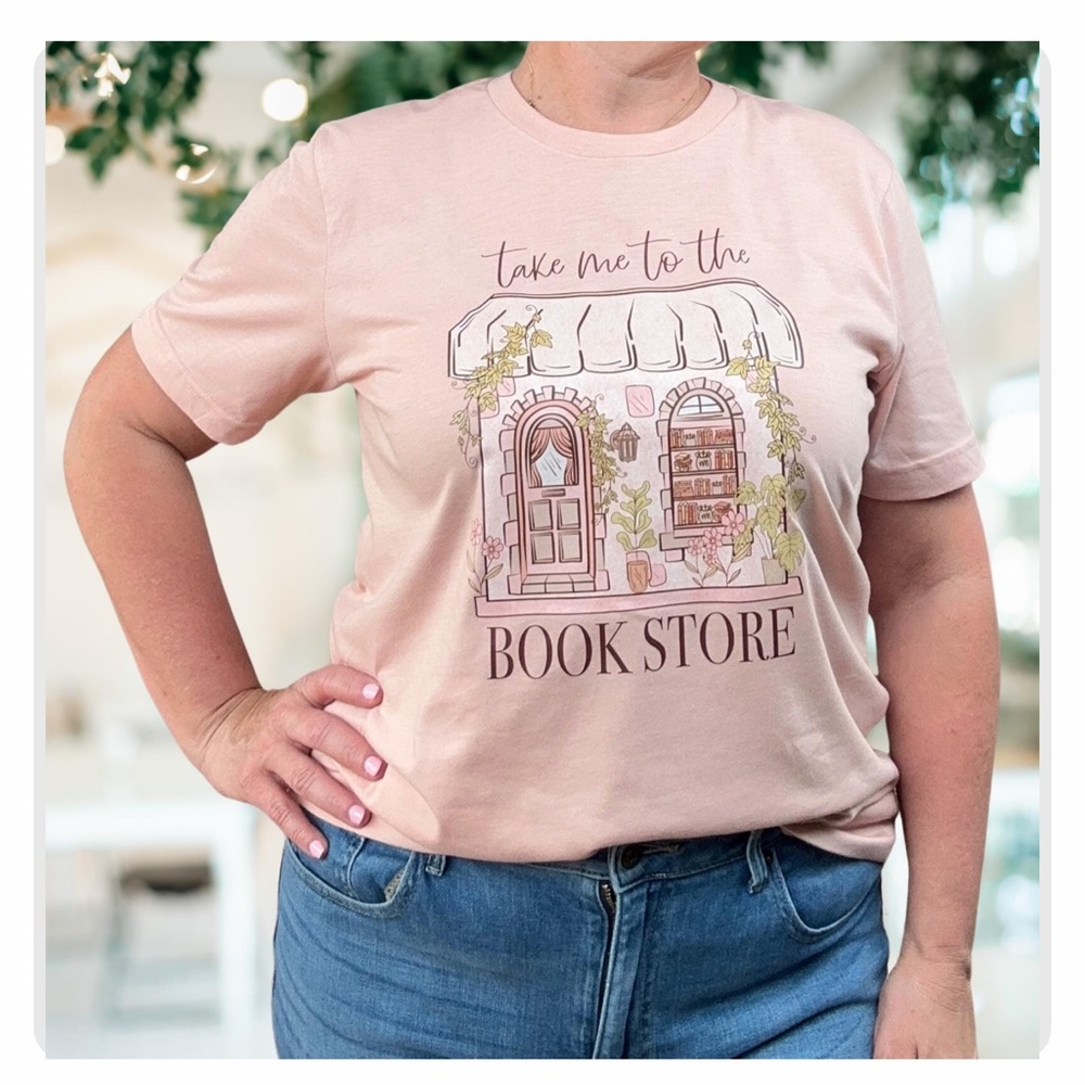 Bella + Canva Take Me to the bookstore Tee,peach color, L size, new never used